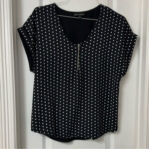 Alison Andrews black white polka dot silver quarter zip front blouse XL